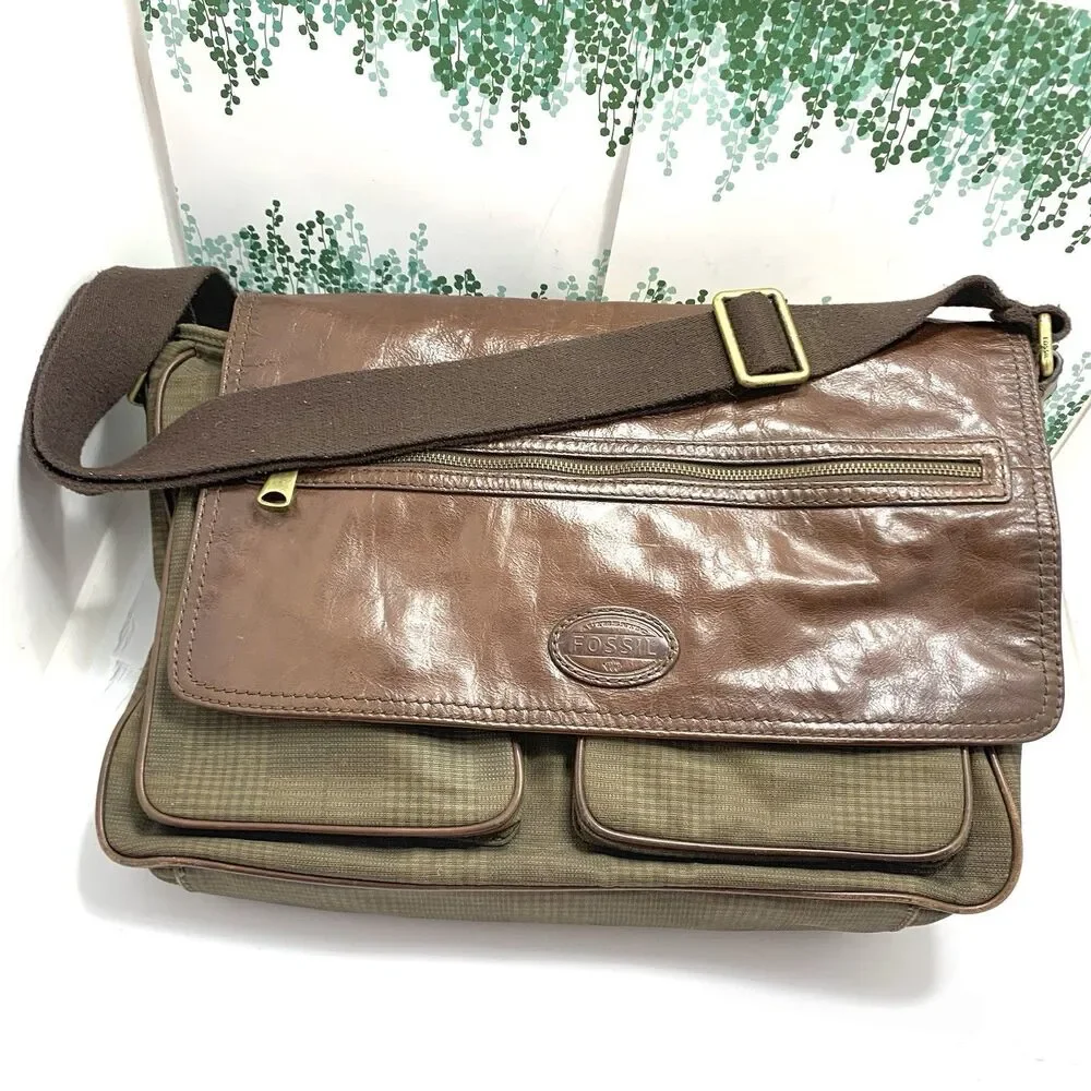 Fossil Leather & Fabric Messenger Laptop Adjustable Strap Bag Men’s